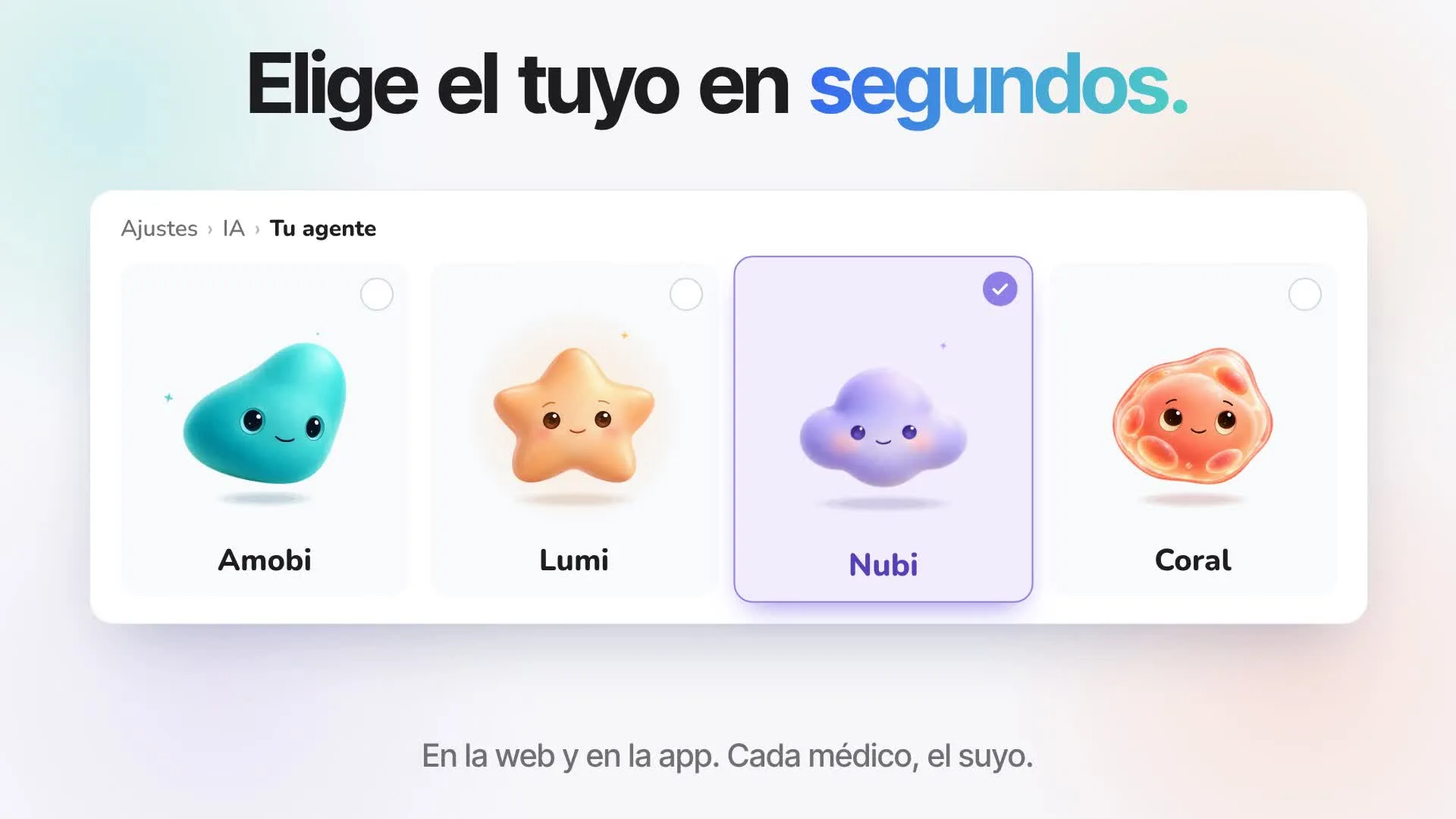 Amobi, Lumi, Nubi y Coral, los cuatro avatares del asistente de IA de AmobaMedic.