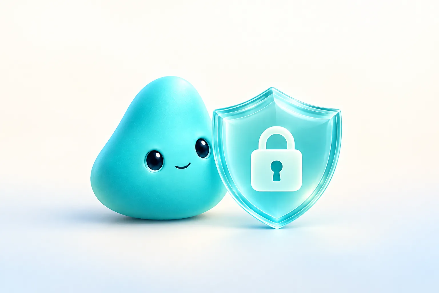 Mascota turquesa de AmobaMedic junto a un escudo con candado, símbolo de protección de datos.