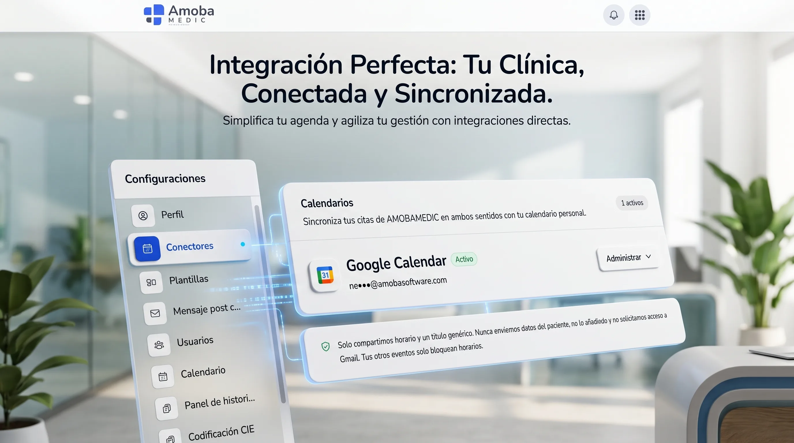 Módulo Conectores de Amobamedic con Google Calendar activo