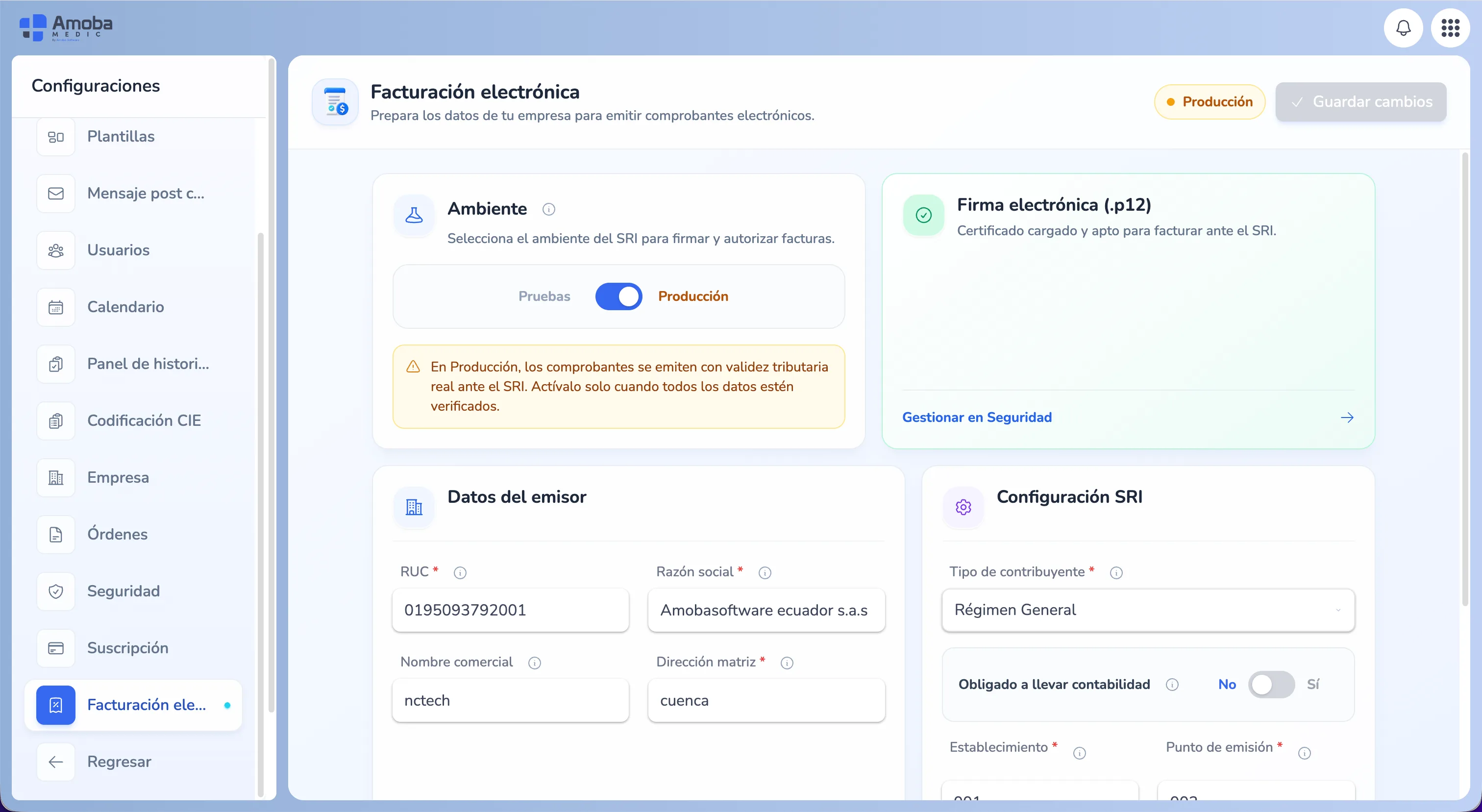 Pantalla de configuración de facturación electrónica en Amobamedic
